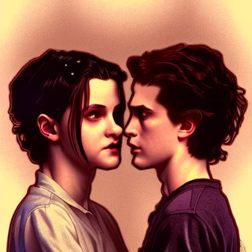 Image similar to Twilight version of Stranger Things, Portrait of Edward and Bella, diffuse lighting, fantasy, intricate, elegant, highly detailed, lifelike, photorealistic, digital painting, artstation, illustration, concept art, smooth, sharp focus, art by Alphonse Mucha