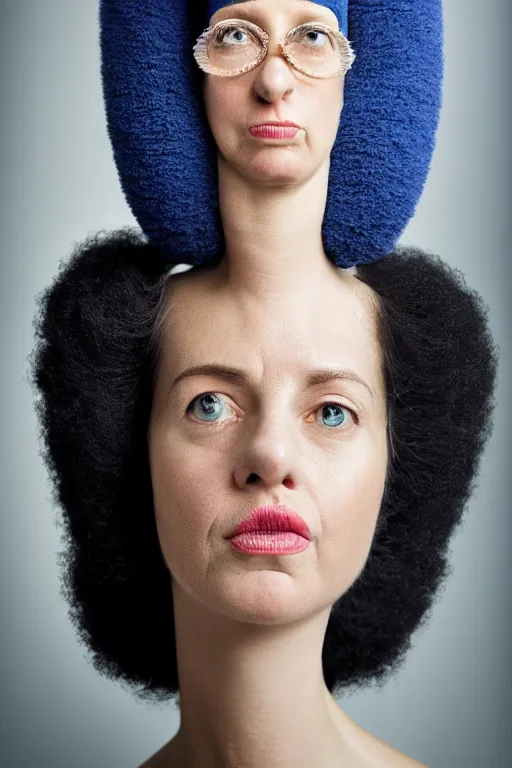 Image similar to studio portrait of woman that looks excactly like marge simpson, lookalike, as if marge simpson came to life, soft light, black background, fine details, close - up, award winning photo by martin schoeller