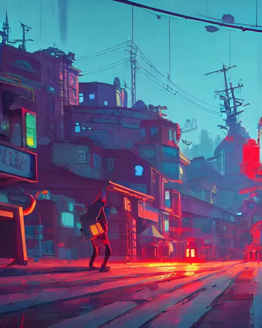 Image similar to painting of cyberpunk soviet village, detailed, by simon stalenhag, cory loftis, james gilleard, atey ghailan, makoto shinkai, goro fujita, studio ghibli, rim light, exquisite lighting, clear focus, very coherent, plain background, soft painting