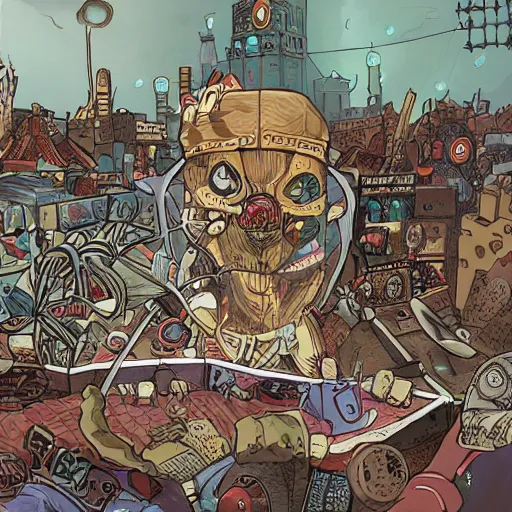 Image similar to Illustrated by Shepard Fairey and Moebius | Cyberpunk cute kitty with VR helmet, surrounded by cables