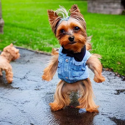 Prompt: a young yorkie dog, playing in the back yard after it rained on a cloudy day, and a kid running around with them, realistic photo