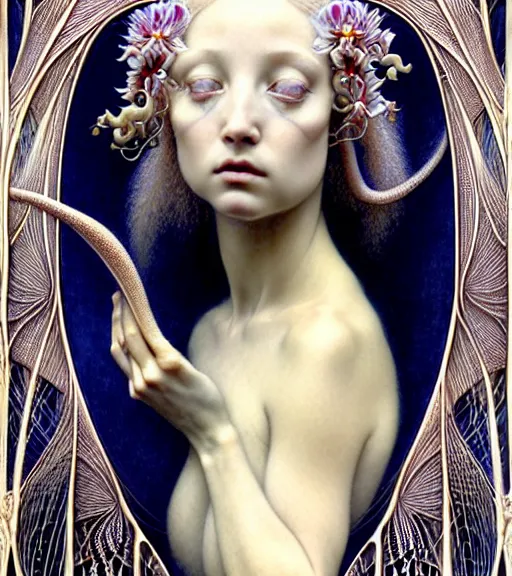 Image similar to beautiful young orchid fairy detailed realistic porcelain face portrait by jean delville, charlie bowater, iris van herpen and marco mazzoni, art forms of nature by ernst haeckel, art nouveau, symbolist, visionary, gothic, neo - gothic, pre - raphaelite, fractal lace, intricate alien botanical biodiversity, surreality, hyperdetailed ultrasharp octane render