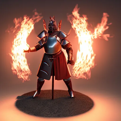 Image similar to handsome tiefling in plate armour standing in a door way, back lit by fire, 4 k, cinematic, volumetric light