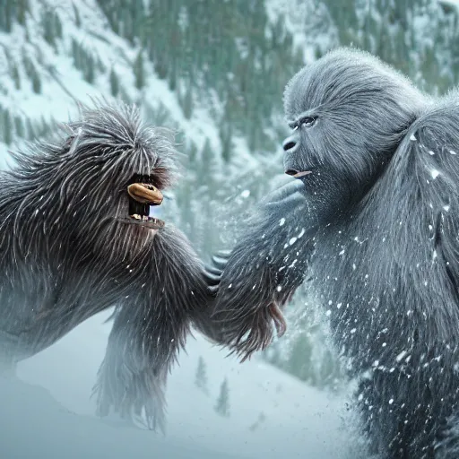 Image similar to a high detailed realistic photo of a yeti battling a sasquatch