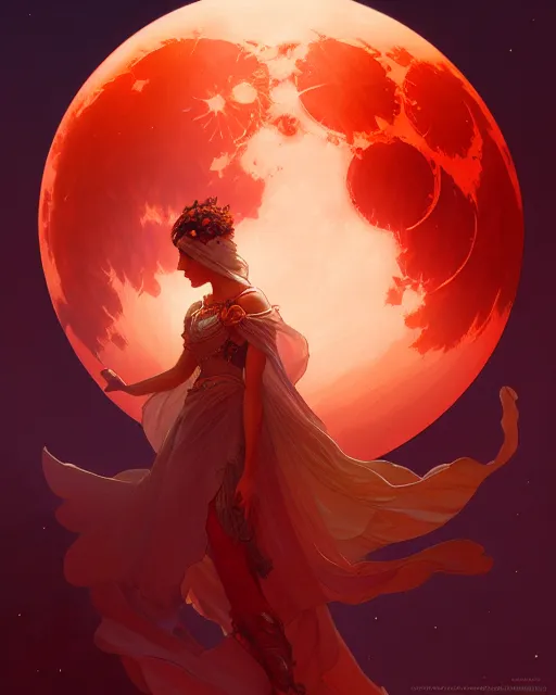 Image similar to painting of the blood moon, decorated, intricate, elegant, highly detailed, digital painting, artstation, concept art, smooth, sharp focus, illustration, art by artgerm and greg rutkowski and alphonse mucha, 8 k