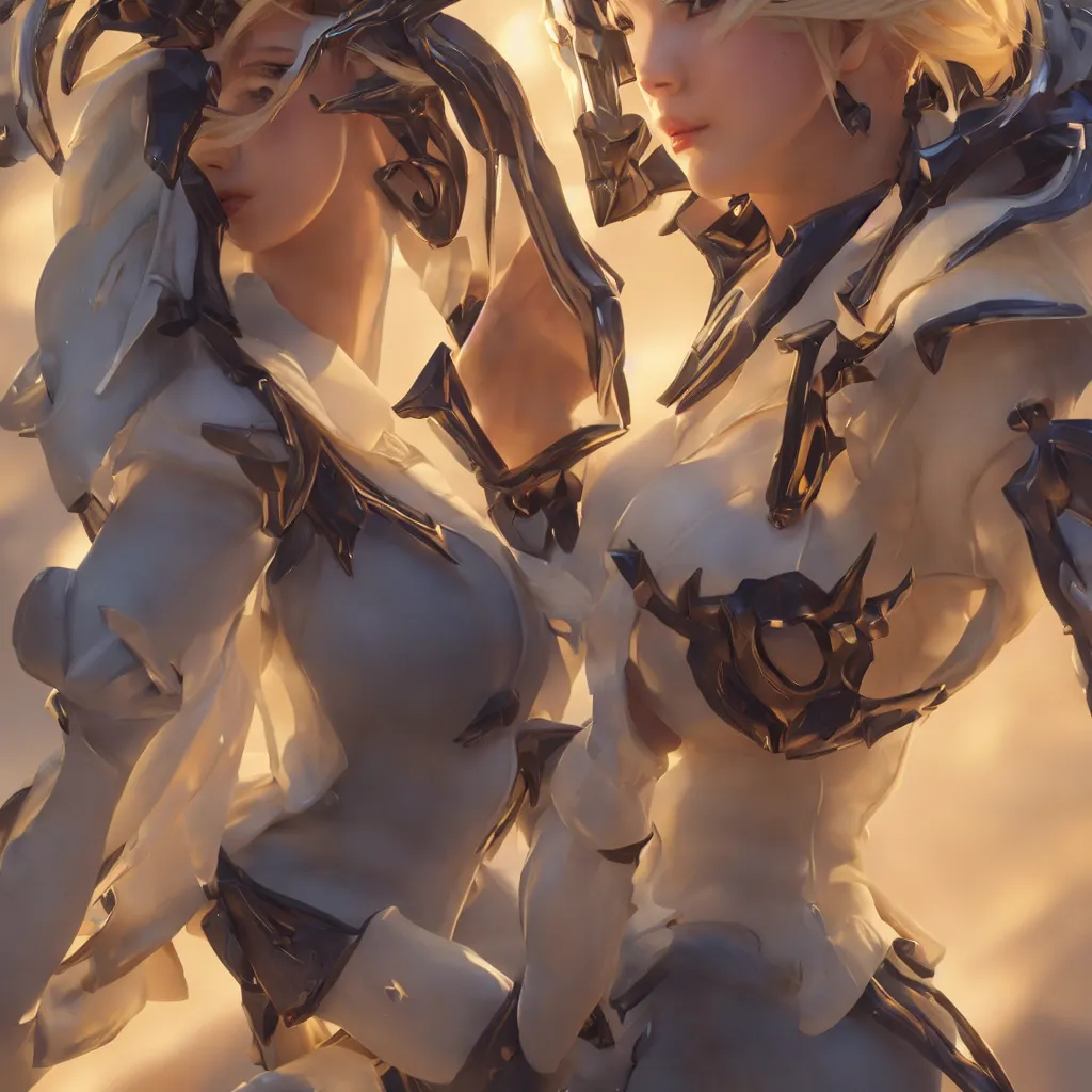 Image similar to Mercy from Overwatch game (2016), no background, close-up shot, intricate, elegant, highly detailed, centered, digital painting, golden hour, cinematic, award-winning, trending on artstation, trending in cgsociety, concept art, smooth, sharp focus, hdr, caustic lights, volumetric lighting, atmospheric lighting, illustration, cinematic, scan, ray traced, octane render, unreal engine, 4k, art by artgerm and Greg Rutkowski and Alphonse Mucha and donato giancola and wlop and Joseph Christian Leyendecker and ross tran