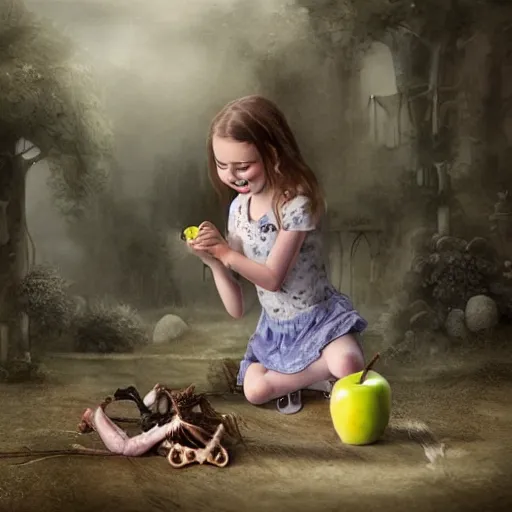 Image similar to a portrait of a little girl feeding an apple to a skeleton horse, the girl looks happy and have bright eyes and a porcelain face, matte painting 3 d watercolour rendering,