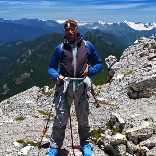 Prompt: a man on the summit of Pyrenees mountains in the summer