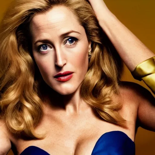 Prompt: photo of a gorgeous Gillian Anderson as wonder woman by Mario Testino, detailed, head shot, award winning, Sony a7R -