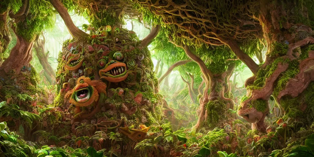 Image similar to of an intricate forest with strange cute friendly happy creatures with huge eyes, mouth, long tongue, round teeth and goofy face, appearing from the background, in the style of gehry and gaudi, macro lens, shallow depth of field, ultra detailed, digital painting, trending artstation, concept art, illustration, cinematic lighting, photorealism, epic, octane render