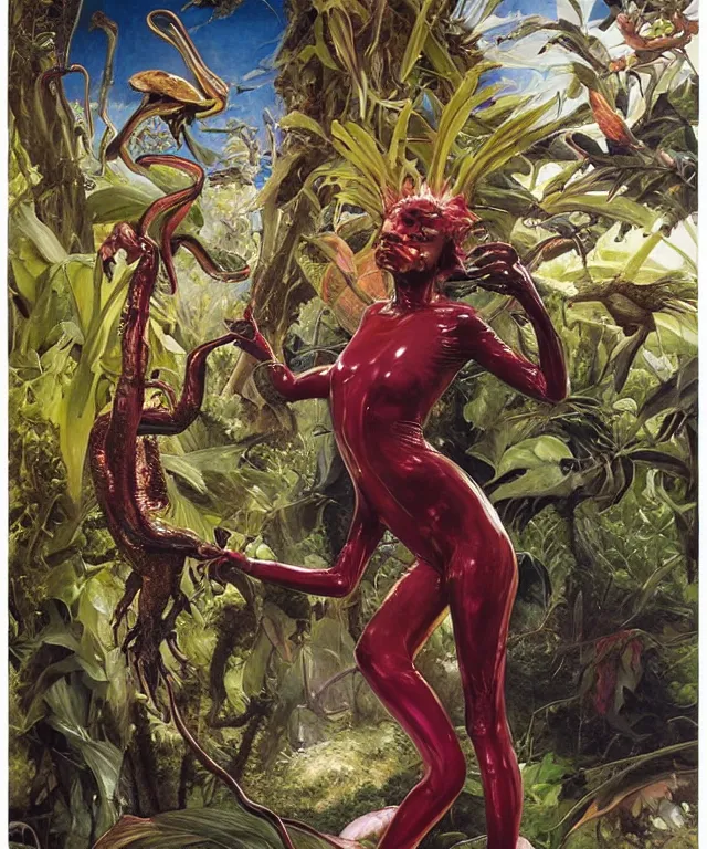 Image similar to a portrait photograph of a tropical alien succubus with slimy amphibian skin being painted like a bird. she looks like sadie sink and is being wrapped in a colorful infected sleek organic catsuit. by donato giancola, hans holbein, walton ford, gaston bussiere, peter mohrbacher and brian froud. 8 k, cgsociety, fashion editorial