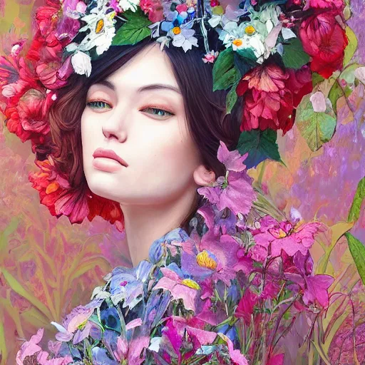 Prompt: a painting of a woman wearing a floral hat in a beautiful garden, an ultrafine detailed painting by james jean, cgsociety, figurative art, ilya kuvshinov, detailed painting, rich color palette