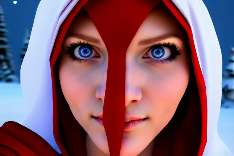 Prompt: virgin mary cosplay, beautiful face, north pole, blizzard, artstation, 4 k, proper body build, good light