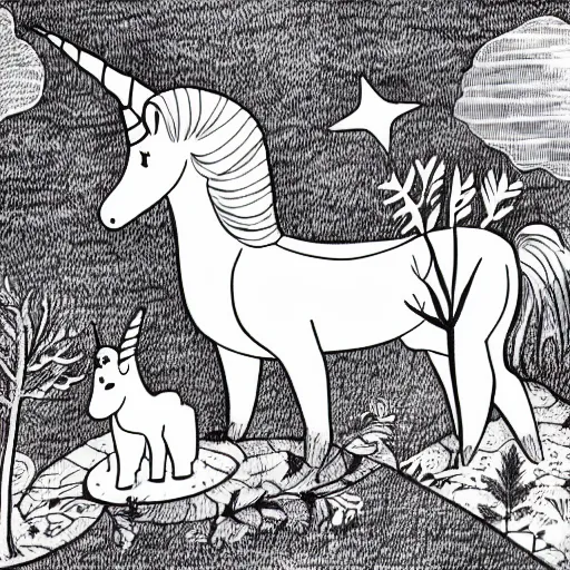 Prompt: Illustration for a story of a unicorn in the bush, professional drawing, very well drawn, simple with rounded lines