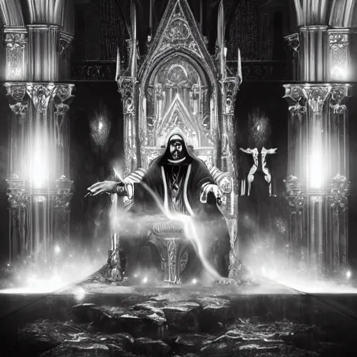 Prompt: an ultra detailed black and white tarot card of the evil patriarch with pitch black eyes wearing his royal robes and sitting imperiously on his throne high in the cathedral, concept art, incense smoke drifting through the air, portrait, artstation, volumetric lighting, exquisite detail, octane render, 8 k postprocessing, art by john collier and albert aublet