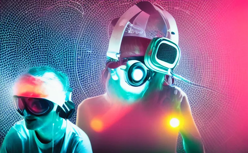 Image similar to a person wearing goggles and visor and headphones using a retro record player contraption, wires and tubes, turntablism dj scratching, intricate planetary gears, cinematic, imax, sharp focus, leds, bokeh, iridescent, black light, fog machine, hazy, lasers, hyper color digital art