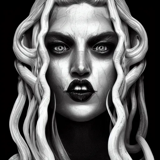 Prompt: medusa portrait painting, black and white, wicked grin, artstation, detailed, blurred background