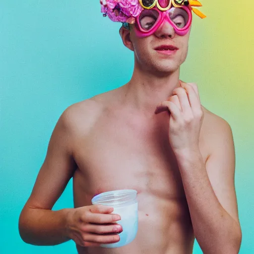 Image similar to close up kodak portra 4 0 0 photograph of a skinny guy with blonde hair laying in a tub of milk, aerial view, wearing goggles, flower crown, moody lighting, telephoto, 9 0 s vibe, blurry background, vaporwave colors, faded!,