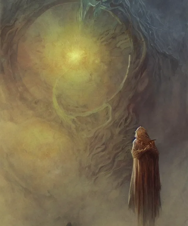 Prompt: a druid standing in a circle at the beginning of the world by alan lee and peter mohrbacher