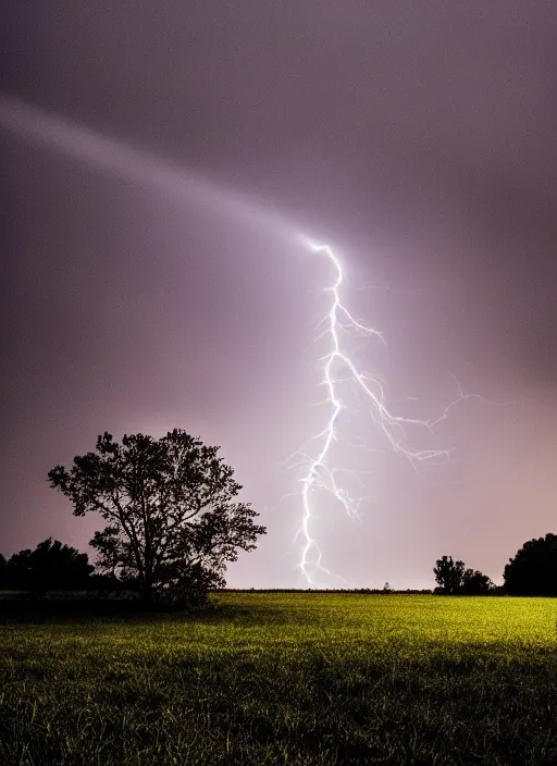 Image similar to a 2 8 mm macro photo of lightning striking the top of a tree in a field, long exposure, misty, night, splash art, movie still, bokeh, canon 5 0 mm, cinematic lighting, dramatic, film, photography, golden hour, depth of field, award - winning, anamorphic lens flare, 8 k, hyper detailed, 3 5 mm film grain