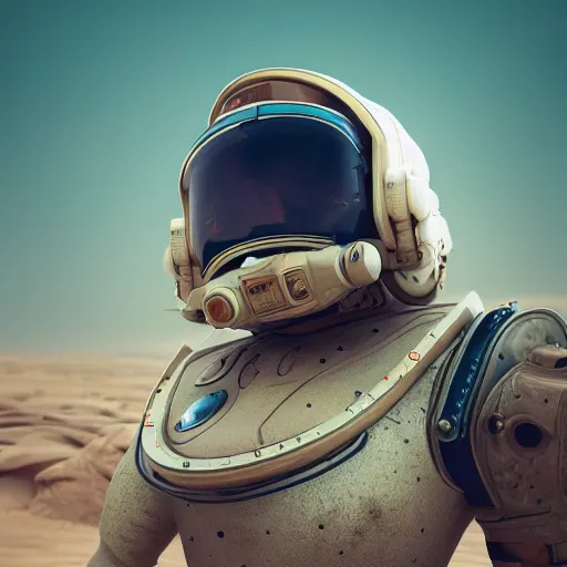 Image similar to portrait photography of a white steampunk space engineer suit, in an desert alien planet, ultra detail, beautiful light, high detail, 8 k, f / 2. 8, octane render