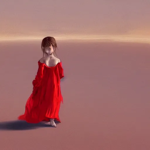 Prompt: a little girl with a red dress walking on the desert geog darrow greg rutkowski