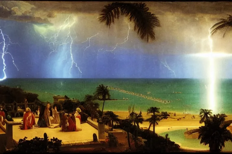 Image similar to mediterranean balustrade, refracted lightnings on the ocean, thunderstorm, greek pool, beach and Tropical vegetation on the background major arcana sky and occult symbols, by paul delaroche, hyperrealistic 4k uhd, award-winning, very detailed paradise