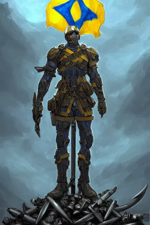 Prompt: a distant shot of a super soldier with blue and yellow flag and a trident symbol standing alone on a huge pile of skulls as a winner, masculine figure, D&D, fantasy, intricate, elegant, highly detailed, extremely detailed, digital painting, artstation, concept art, matte, smooth, sharp focus, hyperrealistic, illustration, art by Artgerm and Greg Rutkowski and Alphonse Mucha