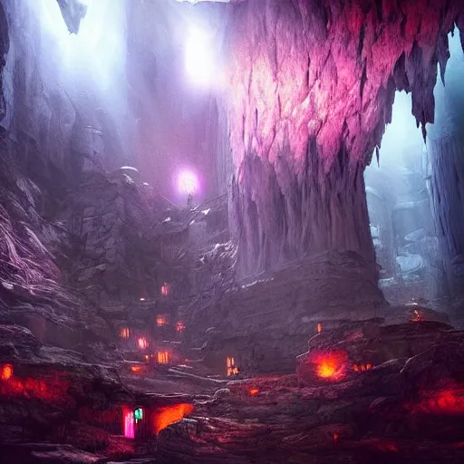 Image similar to “underground dark fantasy city in a giant cave, bioluminescent mushrooms, magic crystals, Artstation HQ, photorealistic, hiperrealistic, 4k UHD, Unreal Engine 5, cinematic shot, cinematic lightning, dark tones, high contrast, masterpiece”