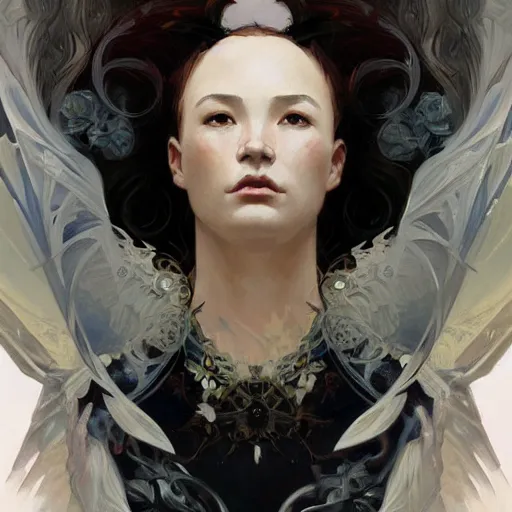 Image similar to A portrait of A beautiful!!!! angel in black flames by Ross Tran!! and alphonse mucha and greg rutkowski! and gustav doré!! and ruan jia!,In style of digital art illustration.Symmetry.Highly detailed face.Fantasy,smooth,hyper detailed,sharp focus,Soft light.trending on artstation.4k