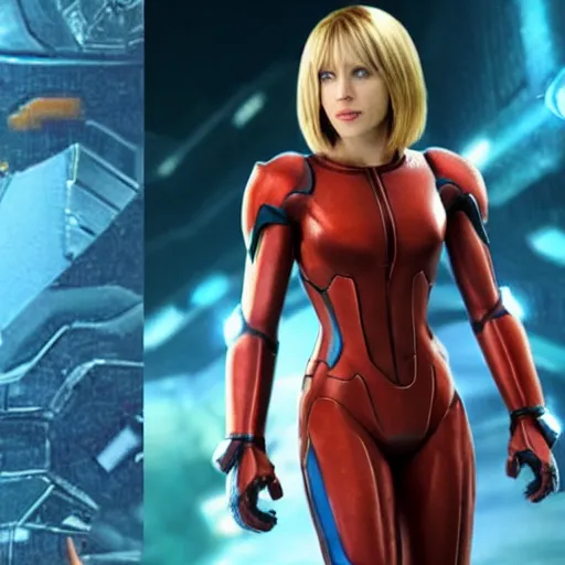 Image similar to rachel mcadams playing the role of samus in the new metroid movie, film still, 4 k, highly detailed, dramatic lighting