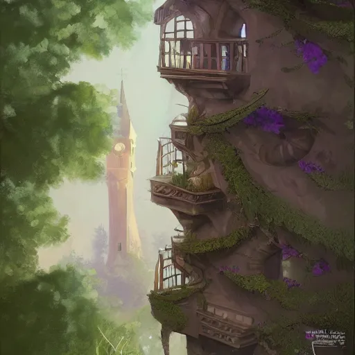 Prompt: rapunzel is looking at the window at the tower in the forest, painting, digital art, trending on artstation
