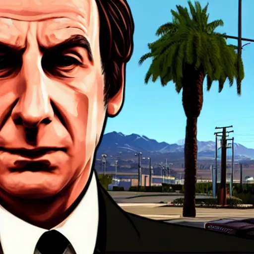 Image similar to Saul Goodman in GTA V . Los Santos in the background, palm trees. In the art style of Stephen Bliss.