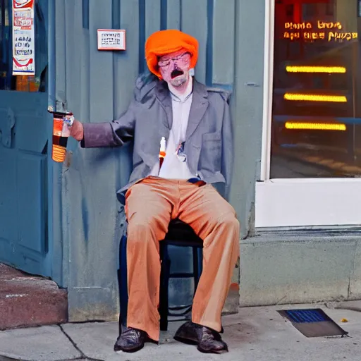 Image similar to hugh hopper on a street corner eating an orange and sipping pepsi