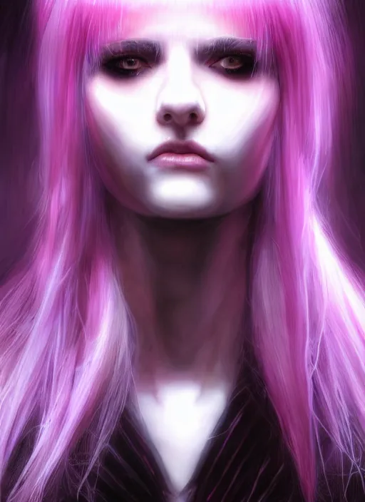 Image similar to hair whitebangs hair, black cyberlox, portrait of teenage girl with white bangs, whitebangsblackhair, messy bangs, cyberlox, whitebangs, red irises, purple clothes, intricate, elegant, glowing lights, highly detailed, digital painting, artstation, concept art, sharp focus, illustration, art by wlop, mars ravelo and greg rutkowski