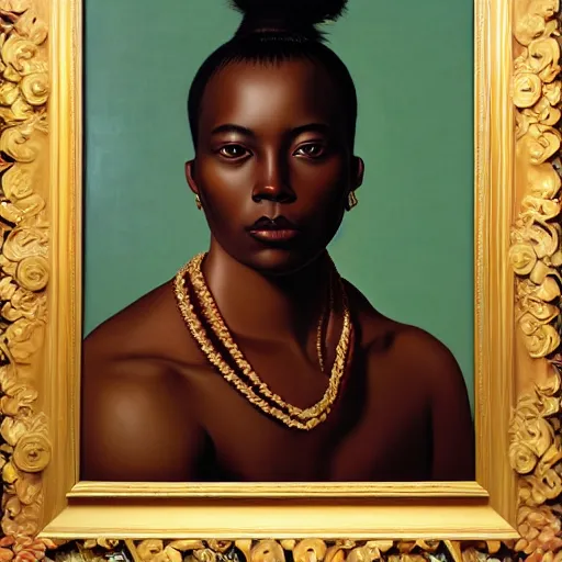 Prompt: A portrait of a thin trendy and gorgeous non-binary person, dark skin tone, Maori people, oil painting by Kehinde Wiley, majestic, detailed, high resolution