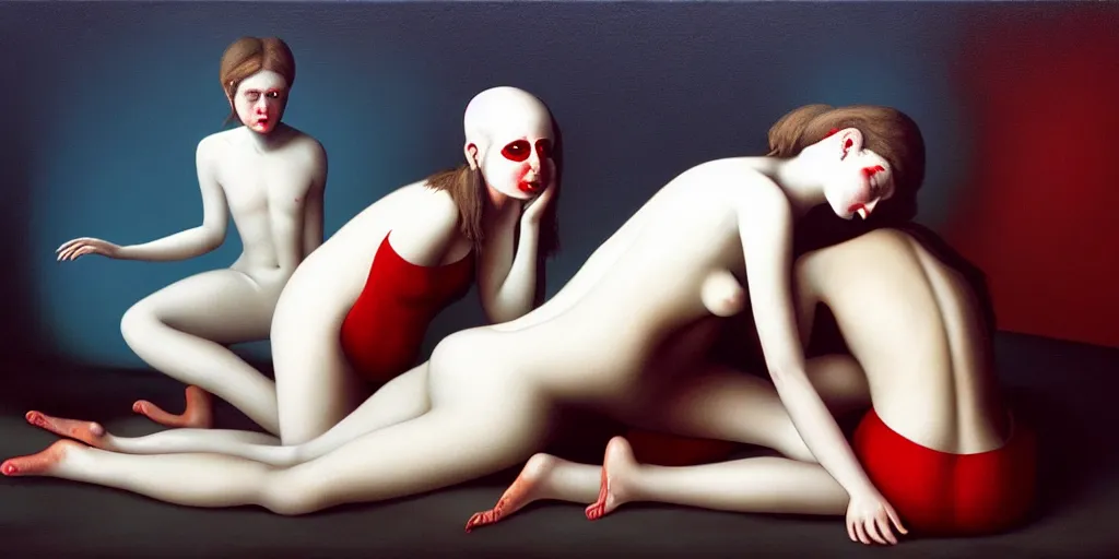 Image similar to the three fates, pain, pleasure, suffering, adventure, love, abstract oil painting by gottfried helnwein