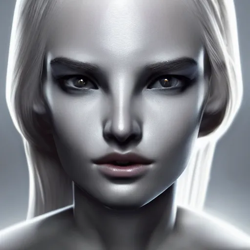 Image similar to A young beautiful female angelic-extraterrestrial-cyborg face with a very long neck, big detailed luminous eyes, thin nose, big lips, hair floating in the wind, Realistic, Refined, Digital Art, Pre-Raphaelite, Highly Detailed, Cinematic Lighting, rim light, dramatic, contrasted black and white, photo-realistic Unreal Engine, 8K