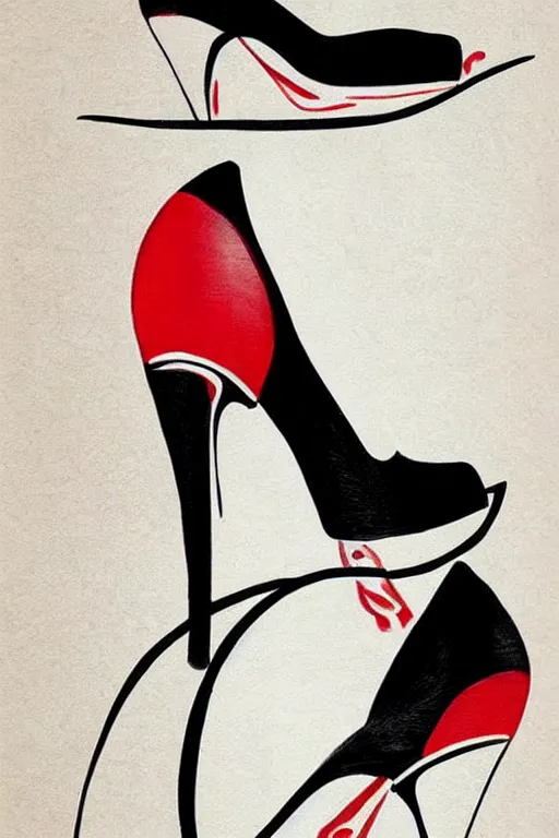 Prompt: black high heels with red bottoms, illustration, high fashion, wall art, elegant, japanese art style,