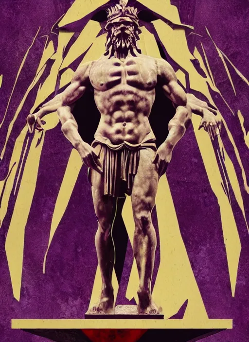 Image similar to elegant dark design poster showing a large greco roman statue of zeus, black background with very subtle red and purple design elements, bold, powerful, nekro, vito acconci, thin straight purple lines, dark, glitch art, neo vaporwave, gritty, layout frame, square, trending on artstation