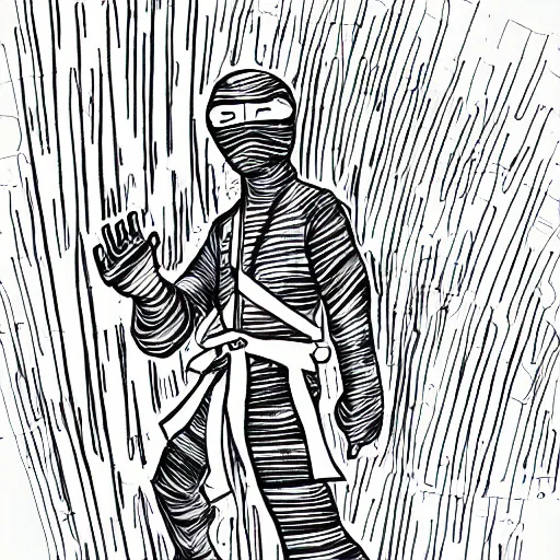 Image similar to 90s retro line drawing of a ninja with synthesizers