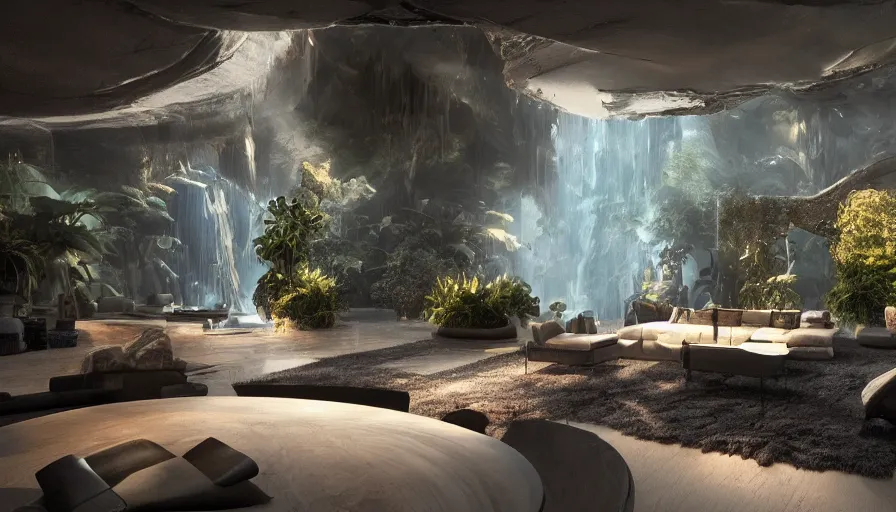 Image similar to a futuristic apartment interior in the style of a waterfall cave, plants, tiger skin carpet high ceiling, dark moody lighting, foggy atmosphere, 16mm lens, by craig mullins, octane rendering