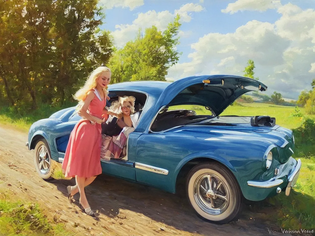 Image similar to 1950 blonde driving a mustang on a country road, Swedish countryside, painting by Vladimir Volegov, masterpiece