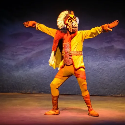 Prompt: bad mascot costumes in the lion king stage show at disneyland, covered outdoor stage, theatrical lighting, iphone video