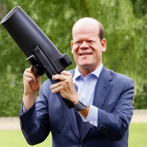 Image similar to Olaf Scholz holding a rocket launcher