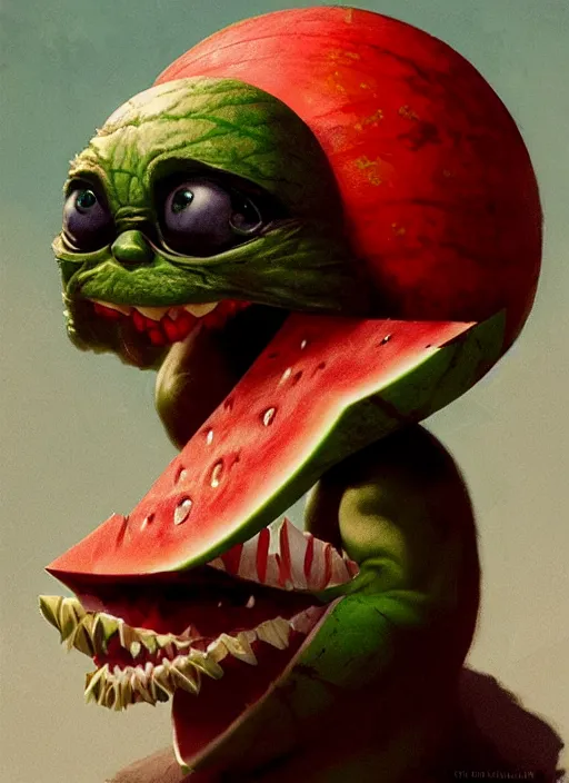 Image similar to hyper realistic photography portrait of smiling gremlin with a watermelon helmet cinematic, greg rutkowski, brom, james gurney, mignola, craig mullins, artstation, cgsociety