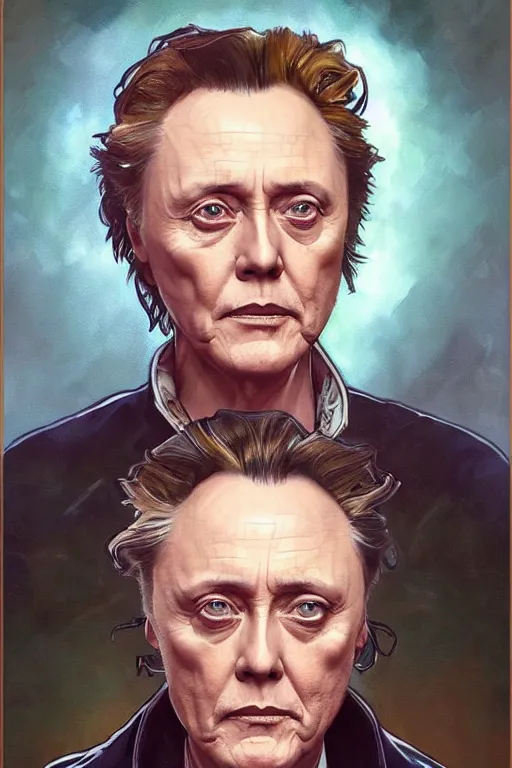 Image similar to portrait of christopher walken with an eyebrow piercing, high quality painting by artgerm and greg rutkowski and alphonse mucha