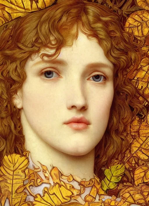 Image similar to masterpiece beautiful seductive flowing curves preraphaelite face portrait amongst leaves, extreme close up shot, straight bangs, thick set features, yellow ochre ornate medieval dress, laying amongst foliage mushroom forest circle arch, frederic leighton and kilian eng and rosetti and preraphaelites, william morris, 4 k