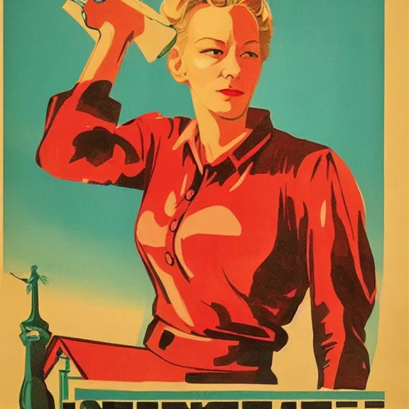 Image similar to soviet propaganda poster with cate blanchet, ultra detailed, soviet realism,