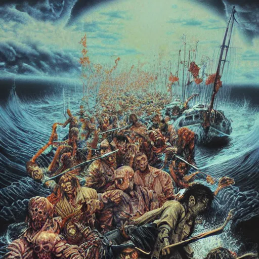 Prompt: realistic detailed image of zombies terrorizing a boat by Ayami Kojima, Amano, Karol Bak, Greg Hildebrandt, and Mark Brooks, Neo-Gothic, gothic, rich deep colors. Beksinski painting, part by Adrian Ghenie and Gerhard Richter. art by Takato Yamamoto. masterpiece